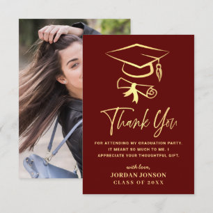 Cartão De Agradecimento FOTO Dourada da graduação moderna Burgundy