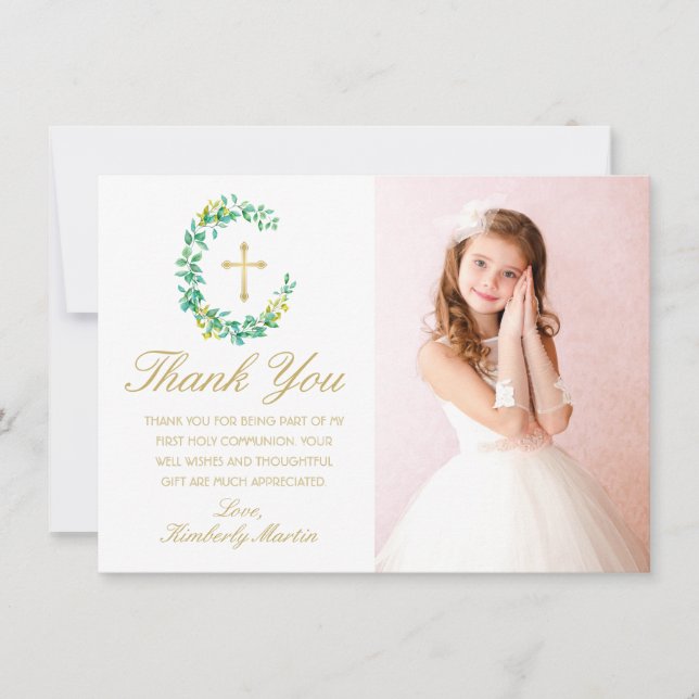 Cartão De Agradecimento Foto Dourada da Primeira Comunhão Greenery Wreath (Frente)