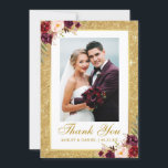 Cartão De Agradecimento Foto Dourada de Casamento Elegante Glitter Burgund<br><div class="desc">Foto De Casamento Elegante Dourada Glitter Frame Watercolor Burgundy Marsala Cartões de agradecimentos Floral</div>