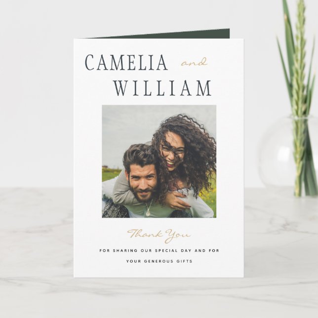 Cartão De Agradecimento FOTO Dourada de Casamento Verde Moderno Obrigado (Frente)