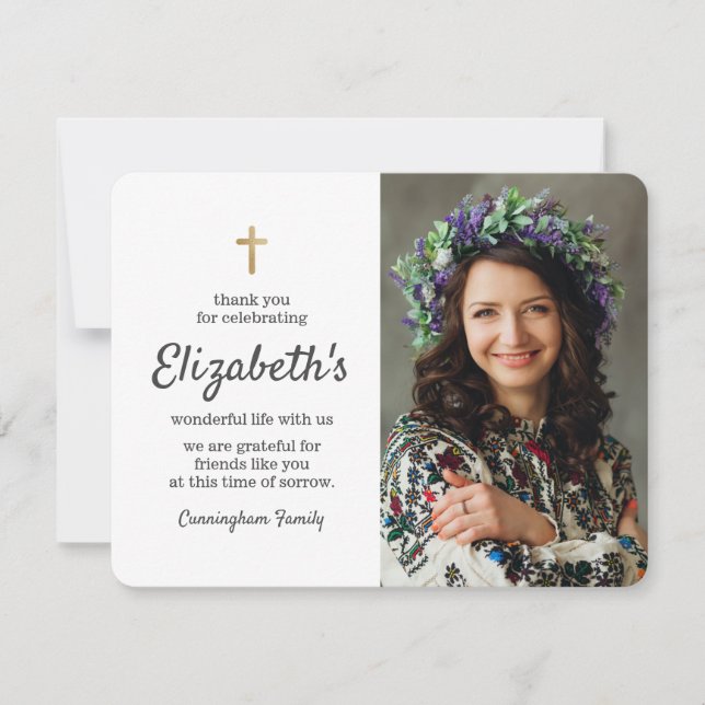 Cartão De Agradecimento Foto Dourada de Cruz Simples do Funeral Memorial (Frente)