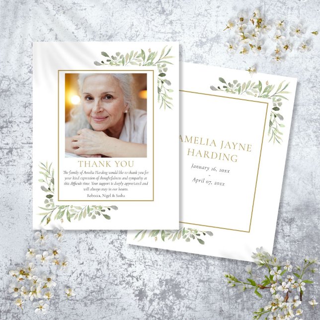 Cartão De Agradecimento Foto Dourada do Funeral Elegante Greenery (Elegant Greenery Gold Funeral Photo Thank You Card)