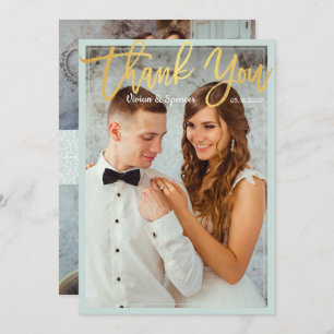 Cartão De Agradecimento Foto Dourada Do Script Chic Bright Mint Faux Obrig