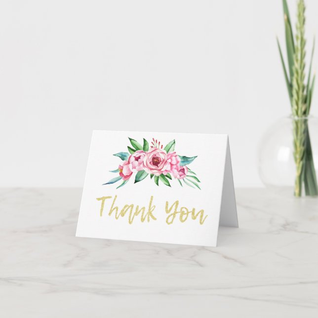 Cartão De Agradecimento Foto Dourada Floral, Rosa, Bonita, Primeiro Aniver (Frente)