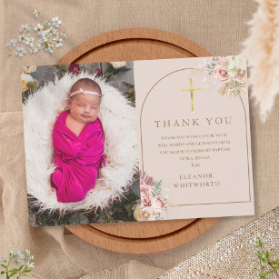 Cartão De Agradecimento Foto Dourada Pampas , cor-de-rosa, batismo