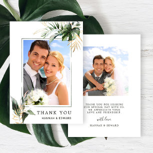 Cartão De Agradecimento Foto Dourada Verde de Casamento de Folhagem Tropic