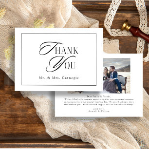 Cartão De Agradecimento Foto Elegante de Casamento de Script Branco e Pret