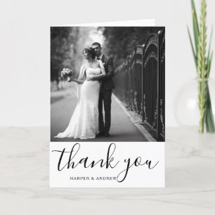 Cartão De Agradecimento Foto Elegante de Casamento de Script Branco e Pret