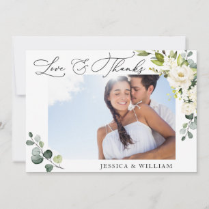 Cartão De Agradecimento FOTO Elegante Eucalyptus White Roses Floral