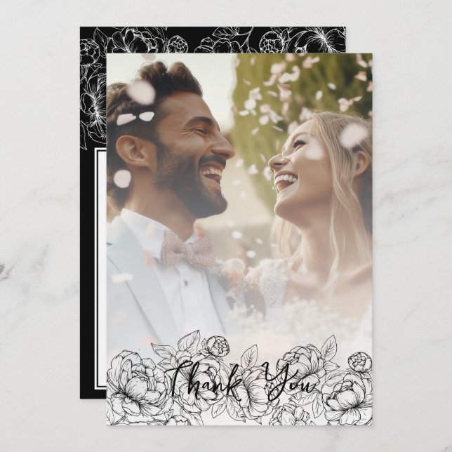 Cartão De Agradecimento Foto Elegante Floral Moderna do Black White Boho (Frente/Verso)