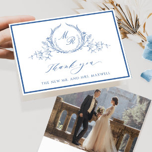 Cartão De Agradecimento Foto Elegante, Monograma Clássico Azul Casamento