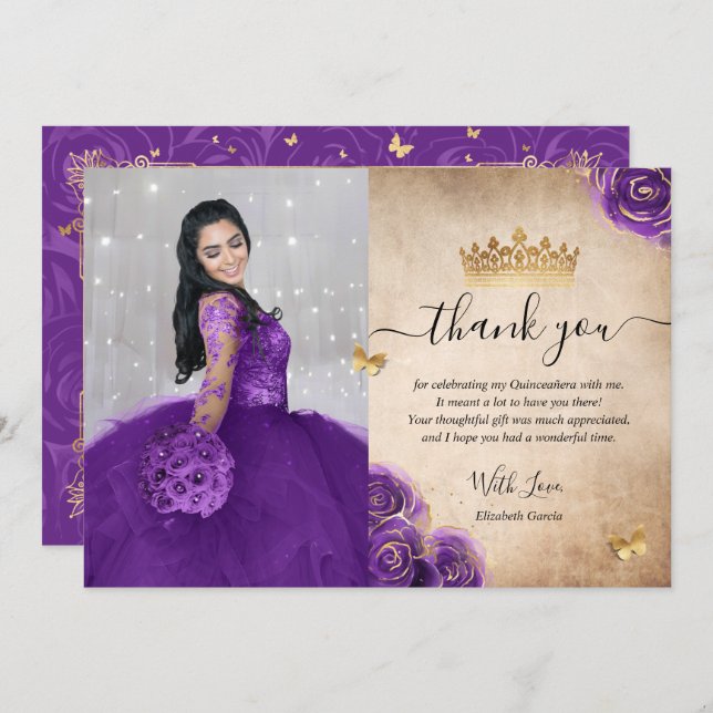 Cartão De Agradecimento Foto Elegante Roxo e Dourada Quinceañera Aniversár (Frente/Verso)