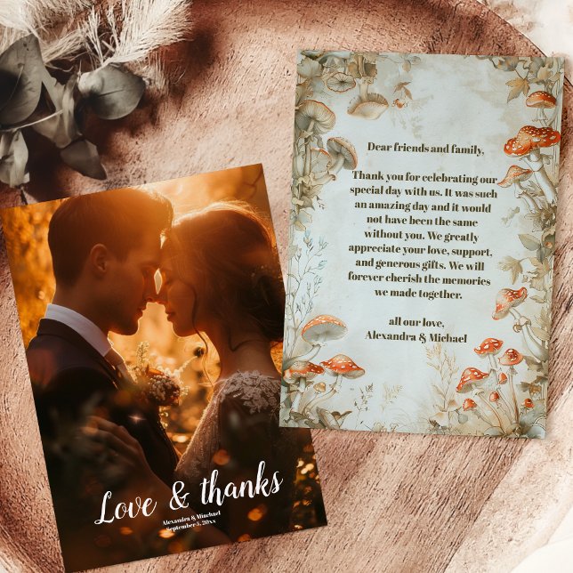 Cartão De Agradecimento Foto Elegante Woodland Mushroom Fern Wedding (Criador carregado)