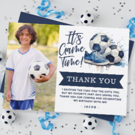 Cartão De Agradecimento Foto em Aquarela de Futebol Infantil Azul Marinho
