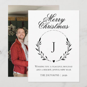 Cartão De Agradecimento Foto Feliz Natal Coroa Monograma Preto e Branco 