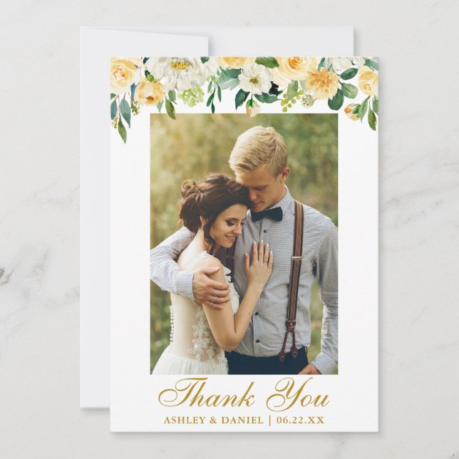 Cartão De Agradecimento Foto Floral Amarelo de Casamento Dourada (Frente)