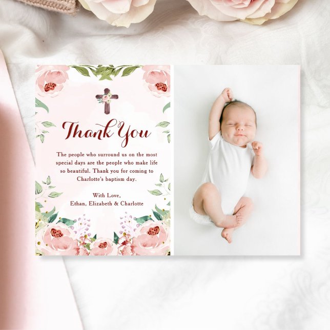 Cartão De Agradecimento Foto Floral de Batismo Floral Rosa Rosa Rosa Esmag (Criador carregado)