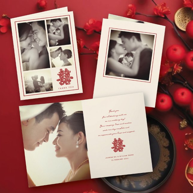 Cartão De Agradecimento Foto Floral de Felicidade Dupla Chinesa (Red/Ivory Floral Papercut Elegant Double Happiness Chinese Wedding 4 Photo Thank You Folded Card)