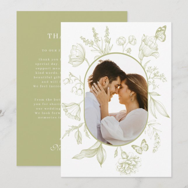 Cartão De Agradecimento Foto Floral Floral de Arte Floral Verde (Frente/Verso)