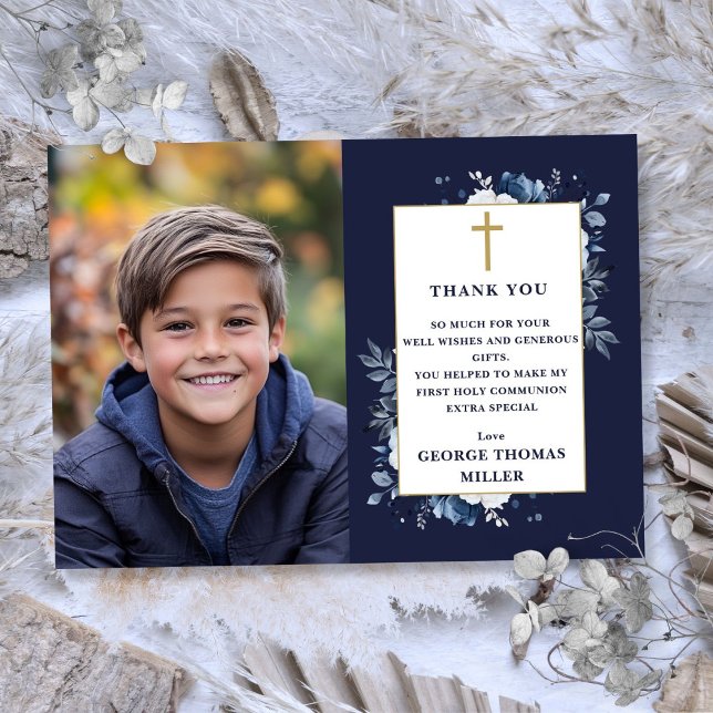 Cartão De Agradecimento Foto Floral marinho Azul Primeira Comunhão Santa (Navy Blue Floral Photo First Holy Communion Thank You Card)