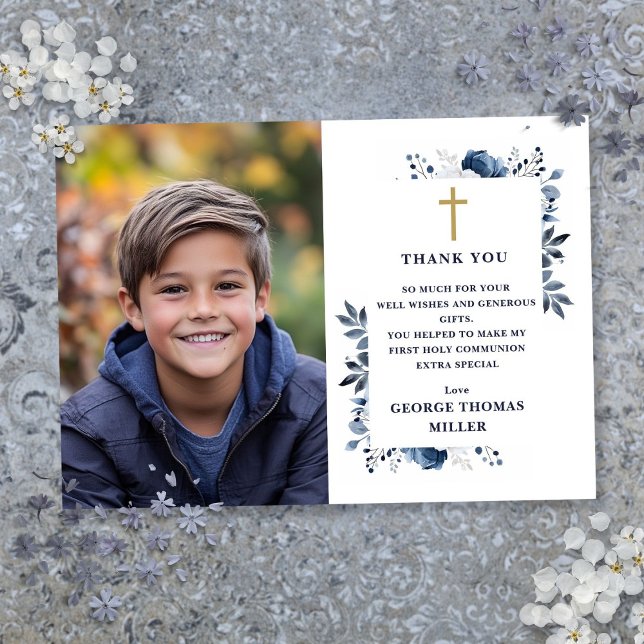 Cartão De Agradecimento Foto Floral marinho Azul Primeira Comunhão Santa (Navy Blue Floral Photo First Holy Communion Thank You Card)