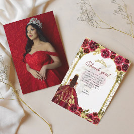 Cartão De Agradecimento Foto Floral Vermelha Elegante Quinceañera