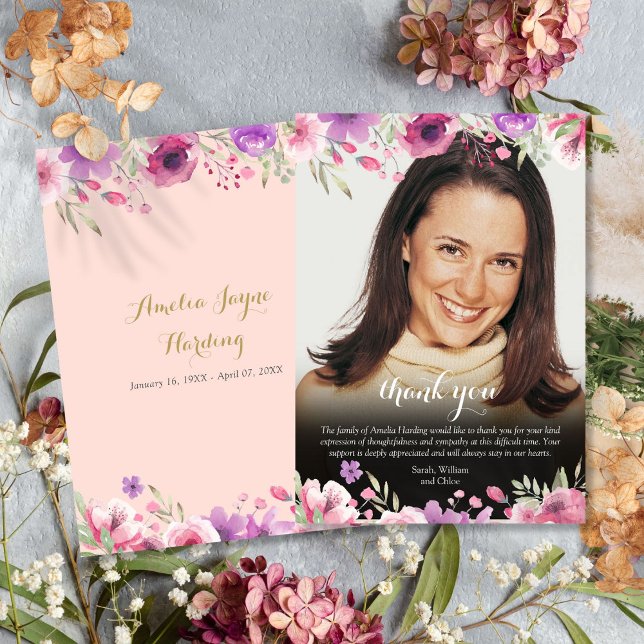 Cartão De Agradecimento Foto Funeral Blush Floral Rosa (Funeral Photo Floral Blush Pink Thank You Card)