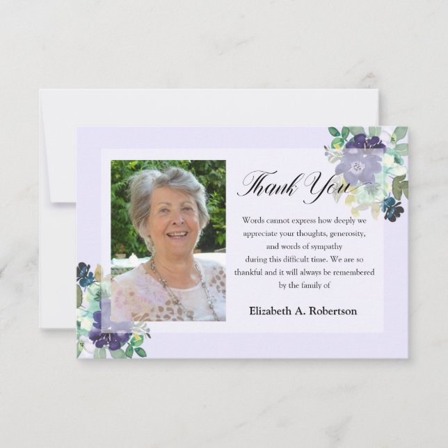 Cartão De Agradecimento Foto Funeral Obrigado Flores Roxas (Frente)