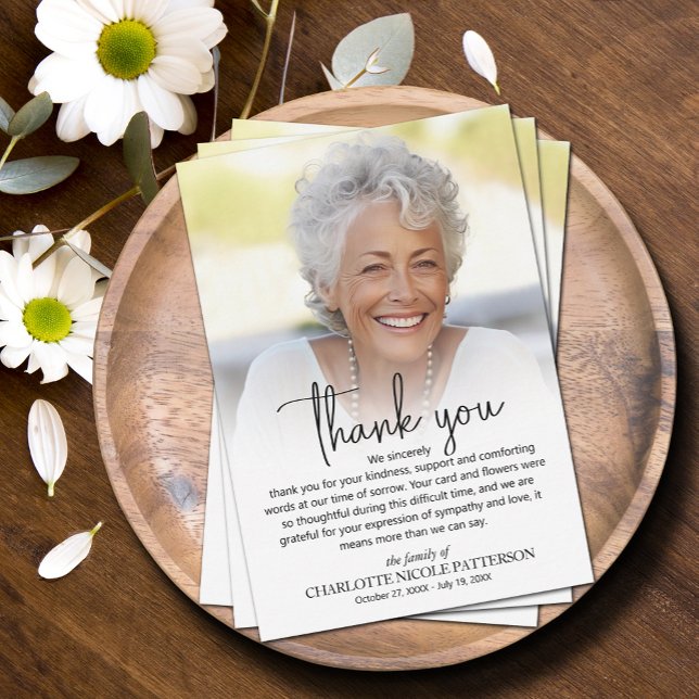 Cartão De Agradecimento Foto Funeral Simples (Simple photo funeral flat thank you notes with your personalized message)