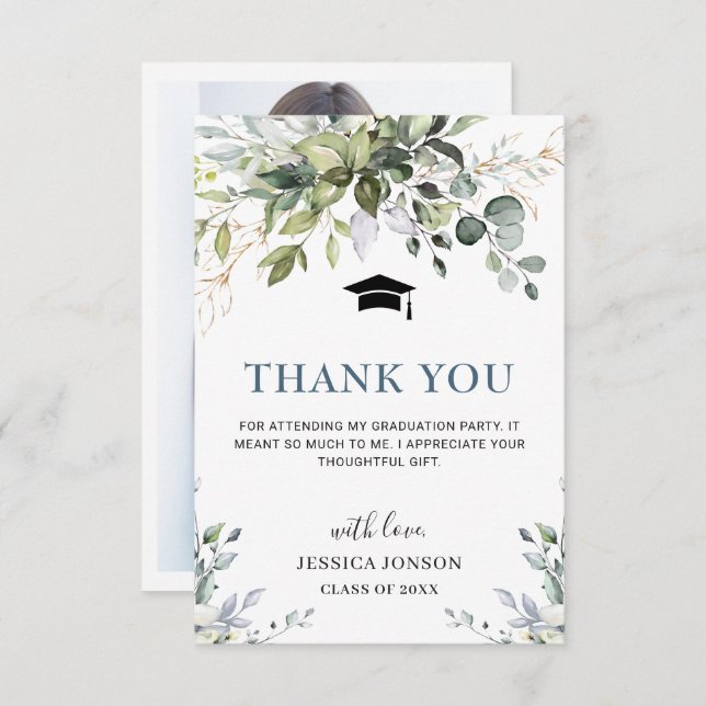 Cartão De Agradecimento FOTO Graduação Simples Elegante de Folhagem Eucaly (Frente/Verso)