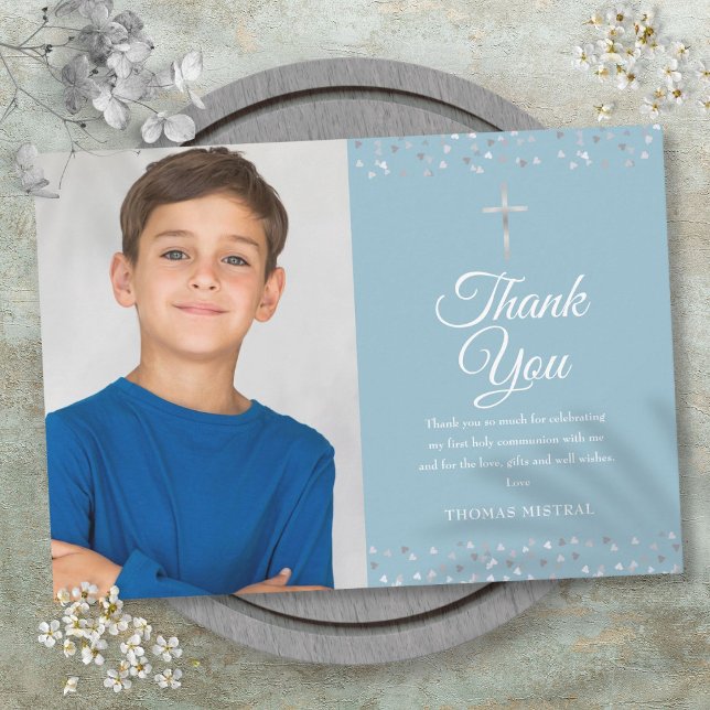Cartão De Agradecimento Foto Hearts Confetti Primeira Comunhão Santa (Photo Hearts Confetti First Holy Communion Thank You Card)