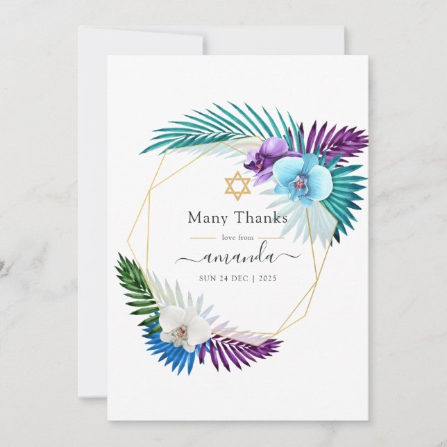 Cartão De Agradecimento Foto Judaica Dourada de Molde Orquídea Tropical (Frente)