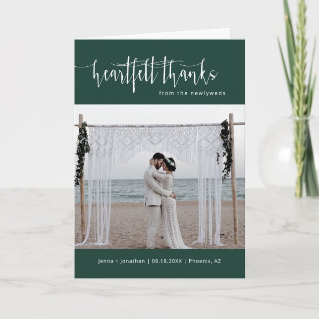 Cartão De Agradecimento Foto Mínima de Casamento de Script Emerald Green D (Frente)