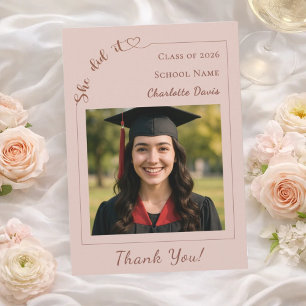 Cartão De Agradecimento Foto moderna champanhe Graduação Ela conseguiu