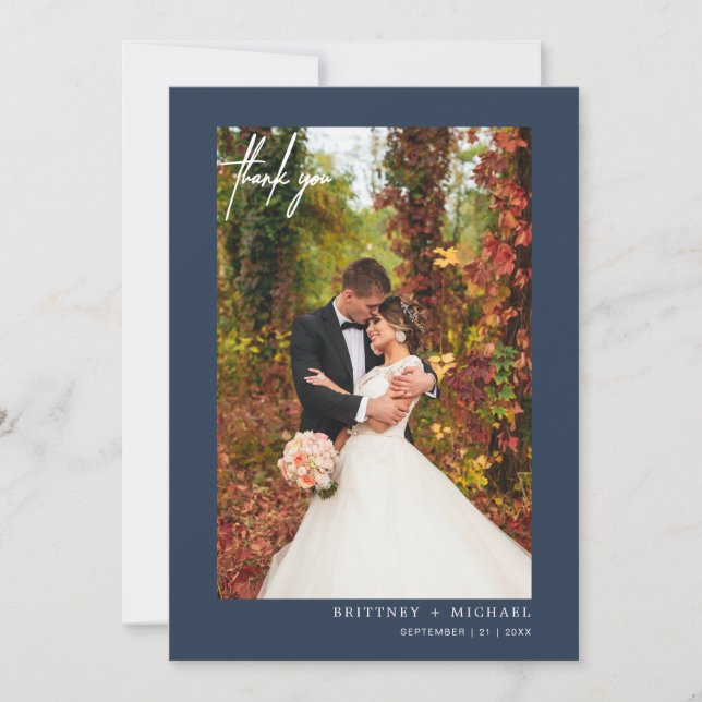 Cartão De Agradecimento Foto moderna do Marinho Dusty de Script Simples Ob (Frente)