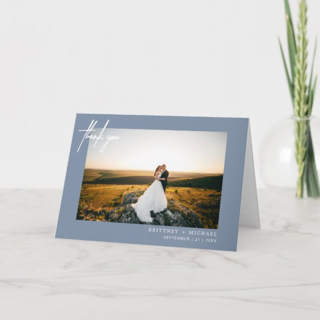 Cartão De Agradecimento Foto Moderna - Letra Mão Agradável Azul Dusty (Frente)