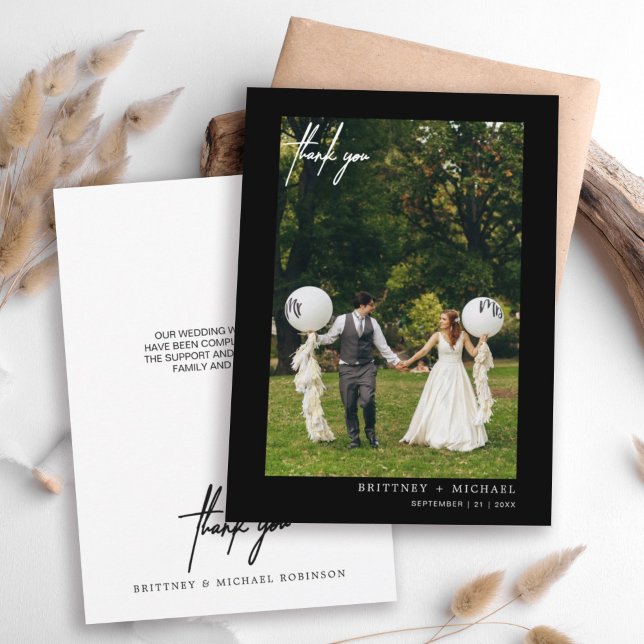 Cartão De Agradecimento Foto Moderna Preta de Script Simples (Criador carregado)