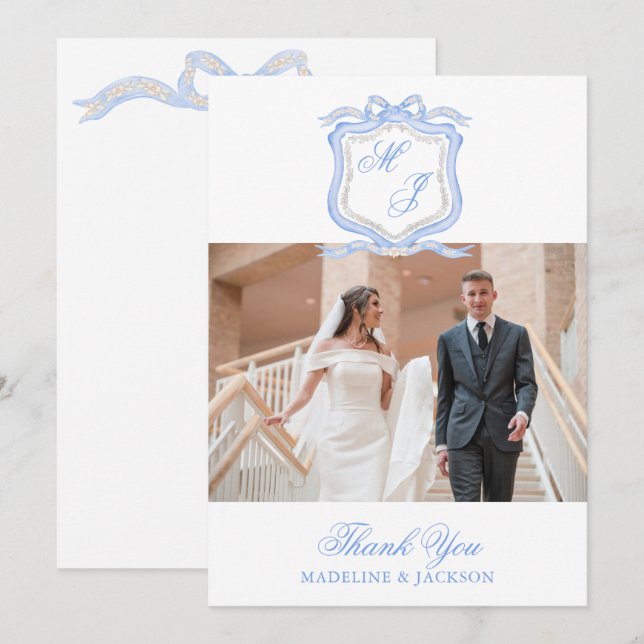 Cartão De Agradecimento Foto Monograma Azul de Designer Aquarela (Frente/Verso)