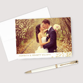 Cartão De Agradecimento Foto Monograma de Casamento Vintage Dourado Glamou