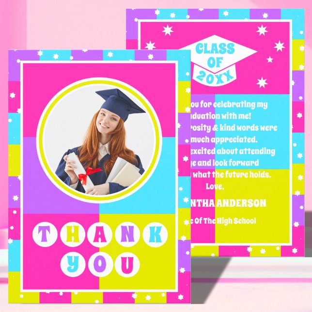 Cartão De Agradecimento Foto Neon Retro de Graduação (Criador carregado)
