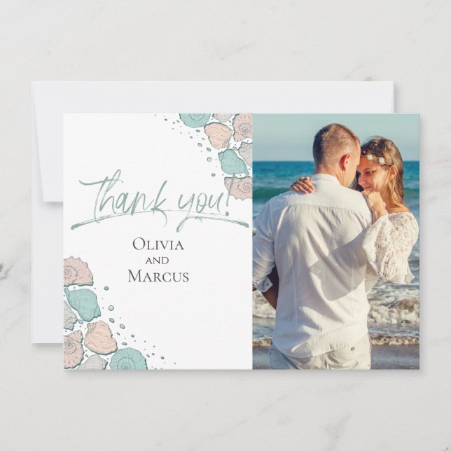 Cartão De Agradecimento Foto Obrigado | Beach Seashells Coral Teal (Frente)