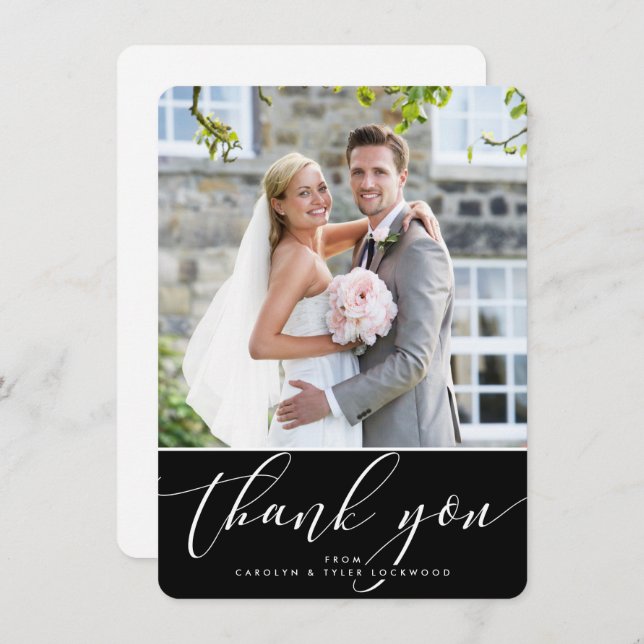 Cartão De Agradecimento FOTO OBRIGADO bonito caligrafia branca preta (Frente/Verso)