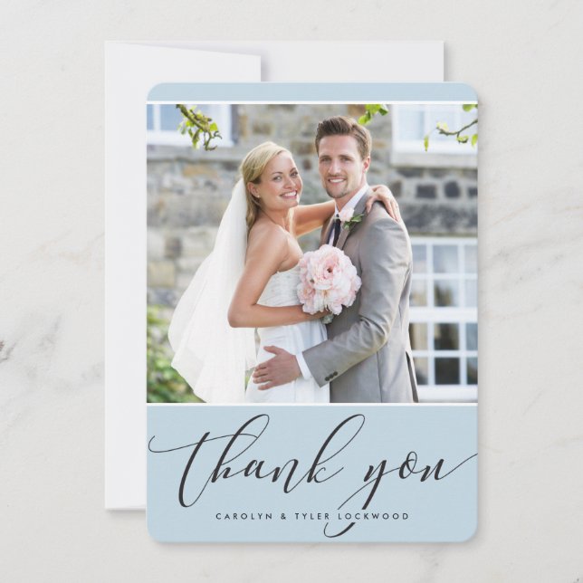 Cartão De Agradecimento FOTO OBRIGADO COM A bonito caligrafia azul pálido (Frente)