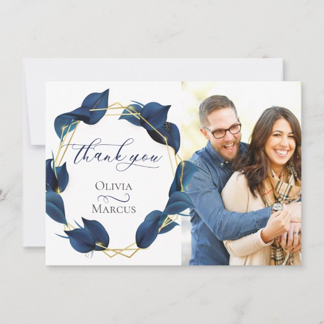 Cartão De Agradecimento Foto: Obrigado Modern Deep Indigo Blue e Dourado (Frente)