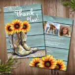 Cartão De Agradecimento Foto Obrigado Rústico País Botas de Girassol<br><div class="desc">Foto Obrigado Rustic Country Western Sunflower Cards mostra uma ilustração em aquarela de botas de vaquinha cheias de girassóis com o texto "Obrigado" na tipografia moderna e personalizada com sua mensagem personalizada e três fotos no verso. Projetado pelo Evco Studio www.zazzle.com/store/evcostudio</div>