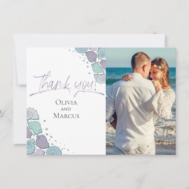 Cartão De Agradecimento Foto Obrigado | Seashells Dusty Blue Lilac (Frente)