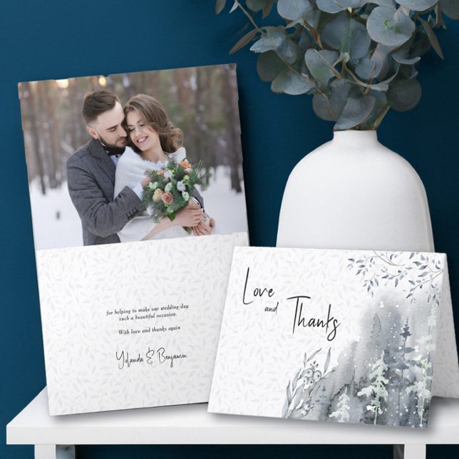 Cartão De Agradecimento Foto personalizada da floresta de neve do casament (Wedding photo thank you card from the Snow Forest wedding collection by Darling & May)