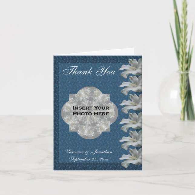 Cartão De Agradecimento Foto Personalizada de Casamento Azul Flor Hibiscus (Frente)