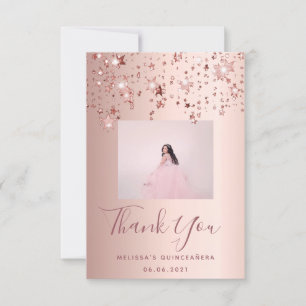 Cartão De Agradecimento Foto personalizada de Quinceanera rosa dourada est