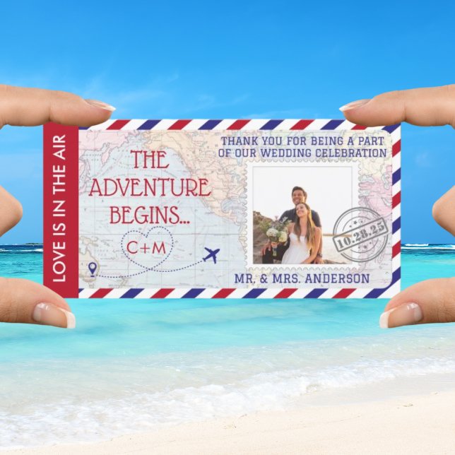 Cartão De Agradecimento Foto personalizada do casamento do mapa do Airmail (Criador carregado)